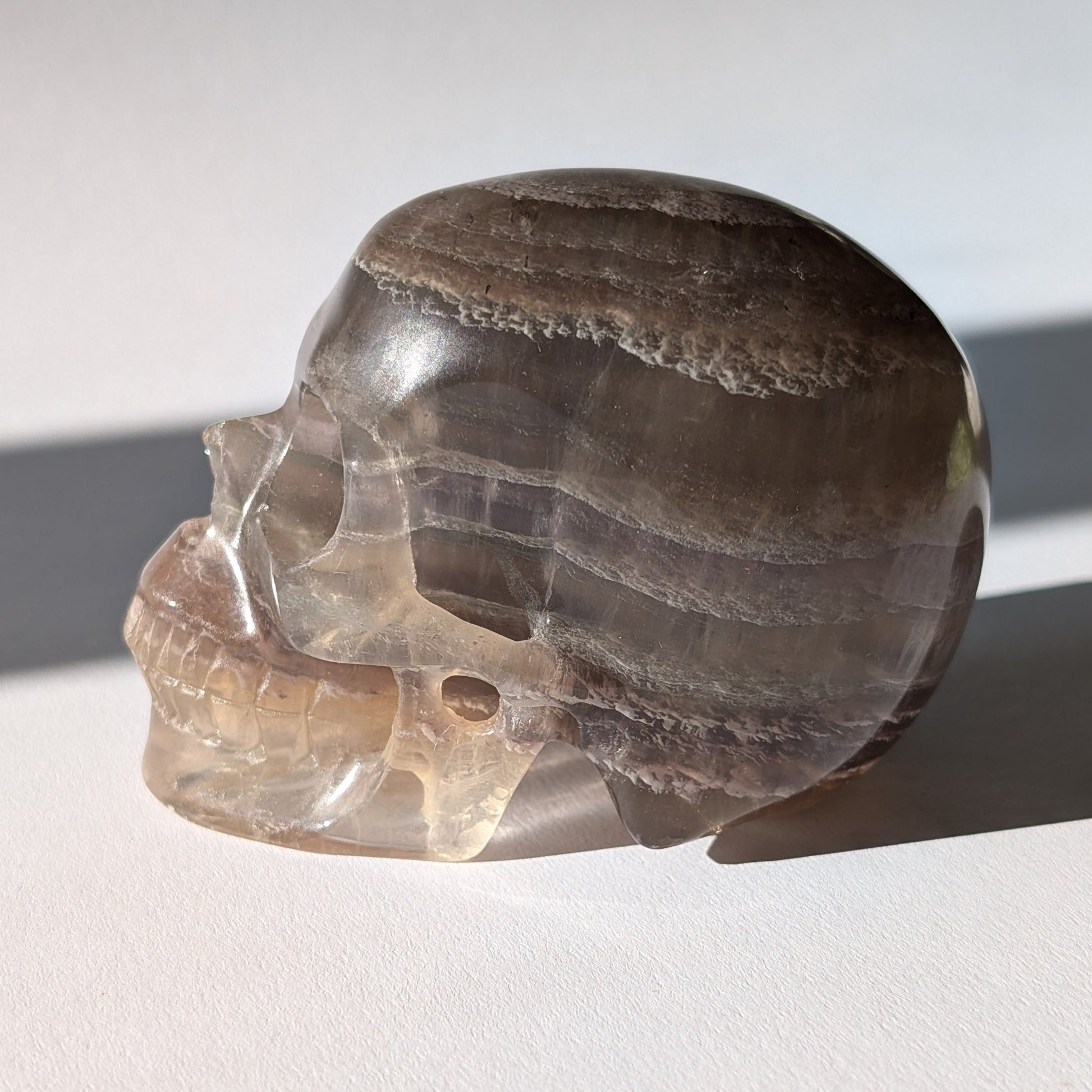 Kristallschädel "Seth" (500g) aus klar gebändertem Fluorit in Gelb, Violett und Klar.