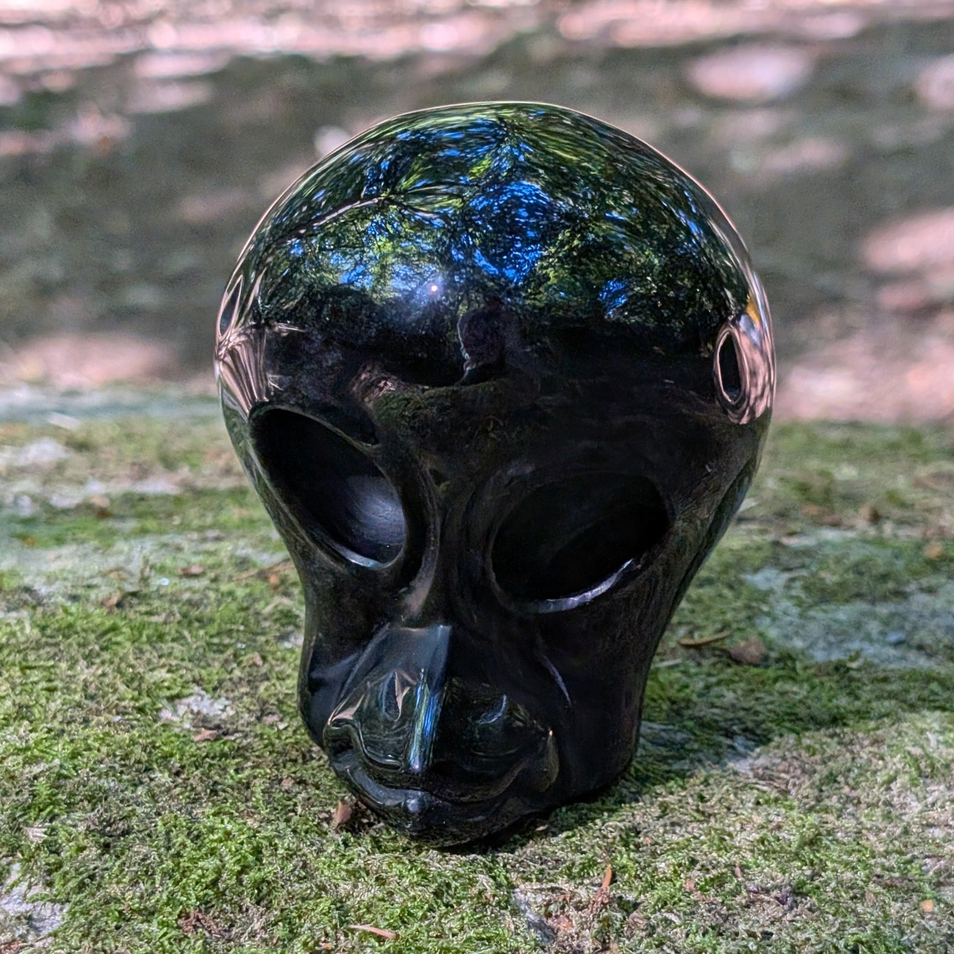 Kristallschädel "Sternenbote" aus tiefschwarzem Obsidian in Form eines Alien-Vogels.