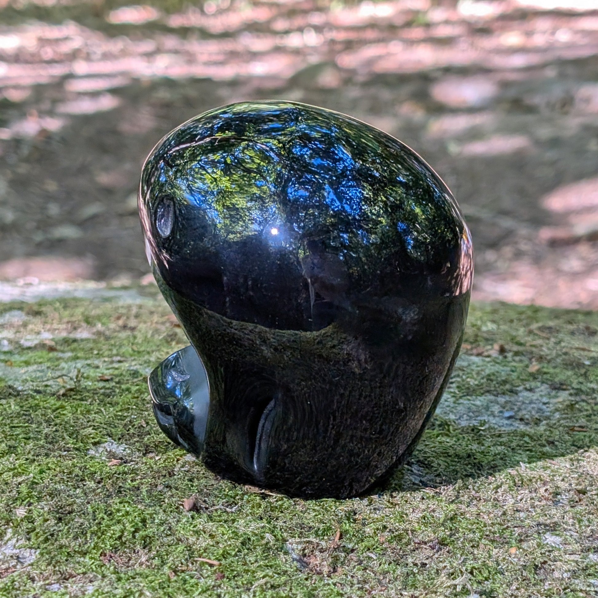 Kristallschädel "Sternenbote" aus tiefschwarzem Obsidian in Form eines Alien-Vogels.
