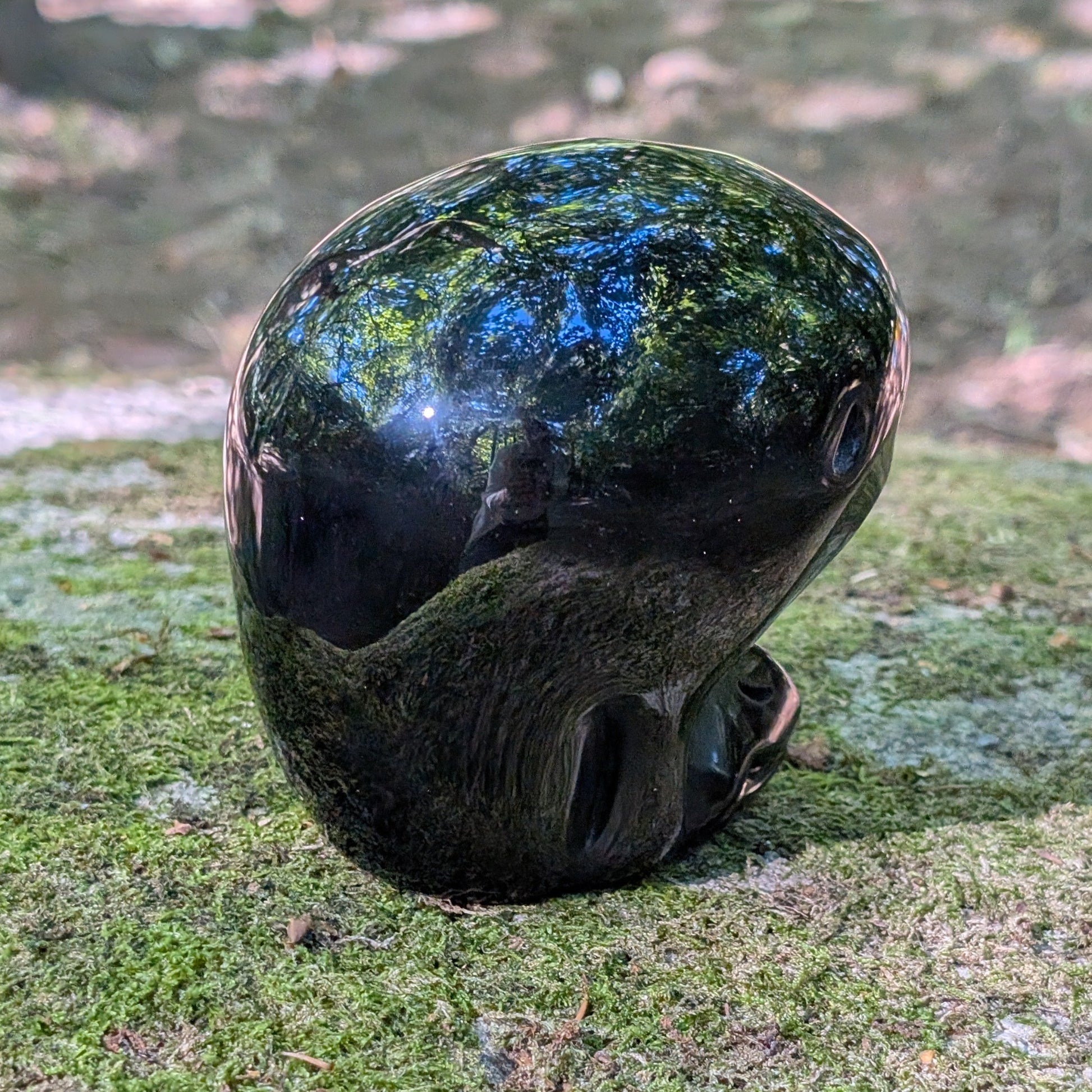 Kristallschädel "Sternenbote" aus tiefschwarzem Obsidian in Form eines Alien-Vogels.
