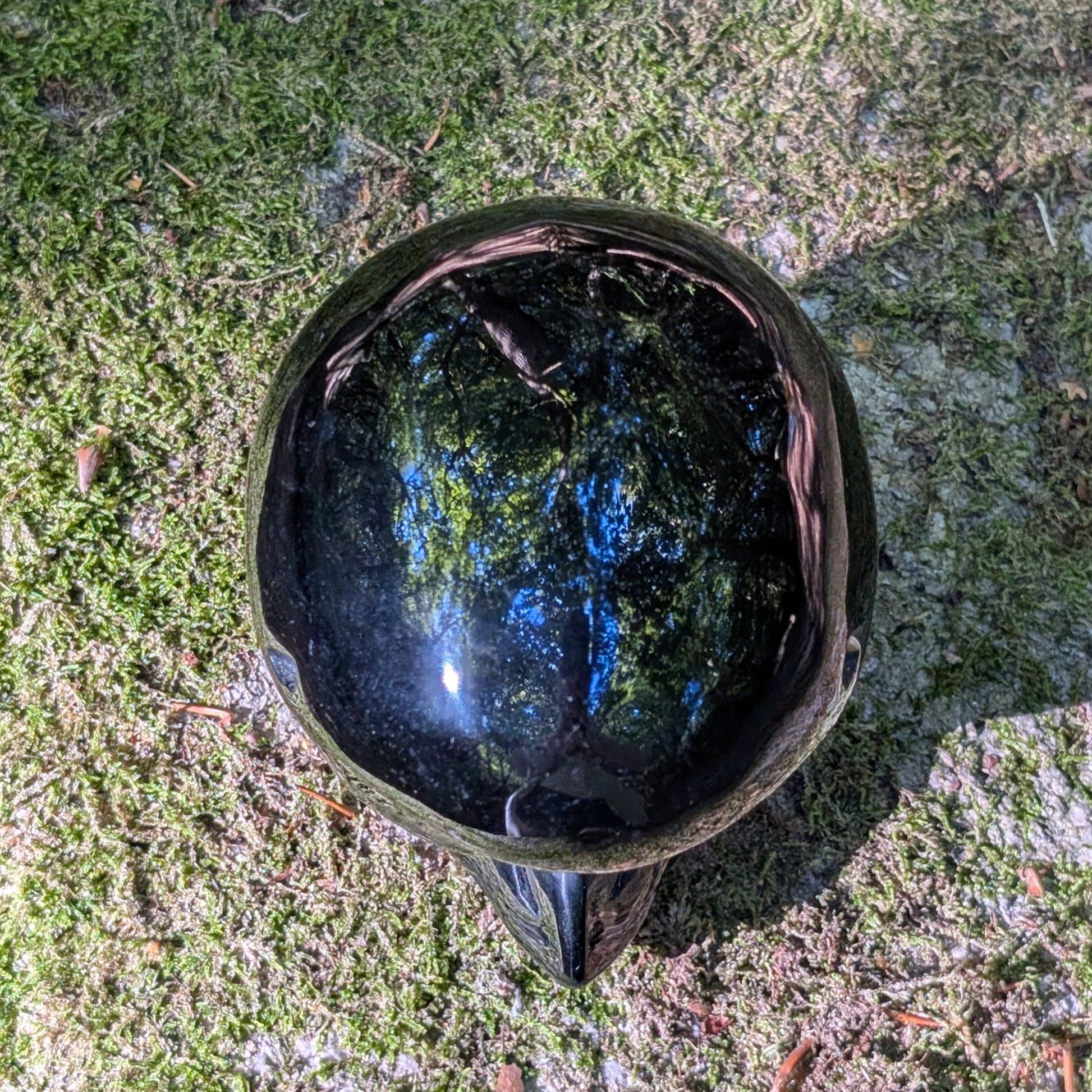 Kristallschädel "Sternenbote" aus tiefschwarzem Obsidian in Form eines Alien-Vogels.