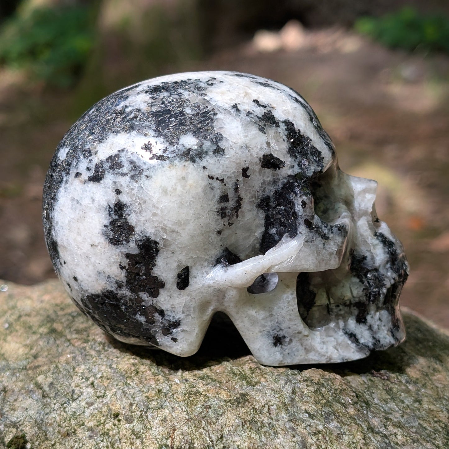 Kristallschädel "Sternenstaub" aus Granit mit schwarzer, weißer und rosafarbener Maserung.
