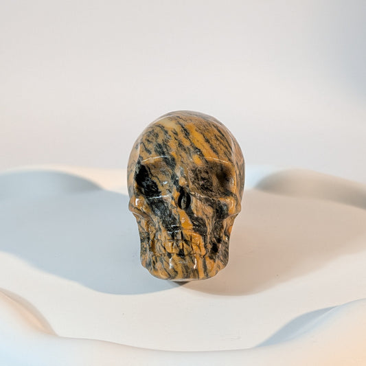 Kristallschädel Tworsnik aus Bumblebee Jaspis 227g mit markanten gelben und schwarzen Bändern im harten Kontrastlicht