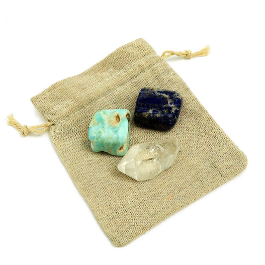 Kristallset "Kreativität & Inspiration" mit Blauem Aragonit, Lapislazuli und Bergkristall.