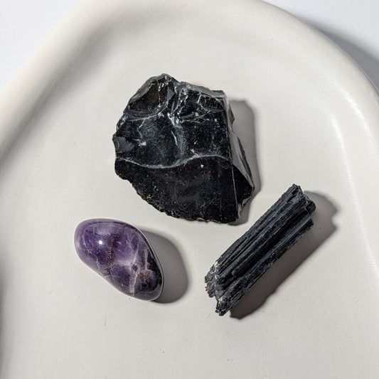 Kristallset Loslassen Transformation Obsidian Rohstein Amethyst Turmalin