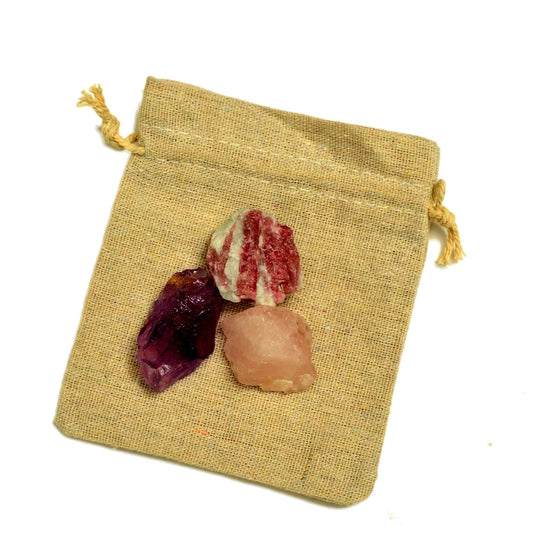 Kristallset für emotionale Heilung & Balance mit rohem Rosa Turmalin, Rosenquarz und Amethyst.