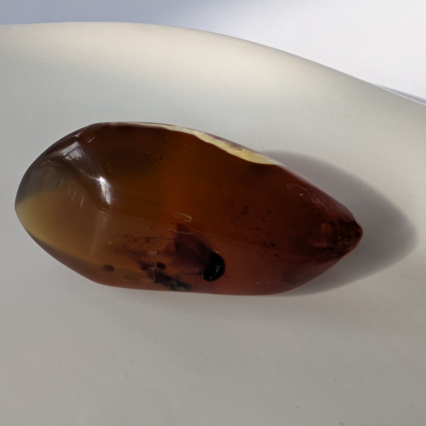 Kunstvoll geschliffener Bicolor-Bernstein 'Die Flamme der Vorzeit' in eleganter Flammenform, der von tiefrot zu gold leuchtet.