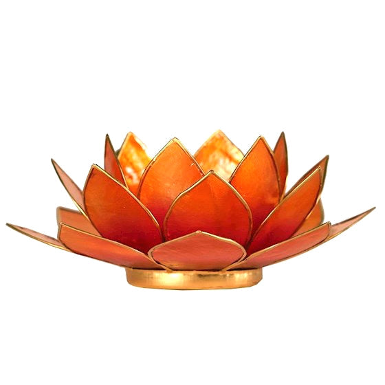 Lotus Teelichthalter Capiz aus Capiz-Muschel in Fuchsia-Orange mit Goldrand
