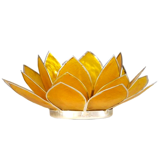 Lotus Teelichthalter Capiz aus Capiz-Muschel in Sonnengelb mit Silberrand