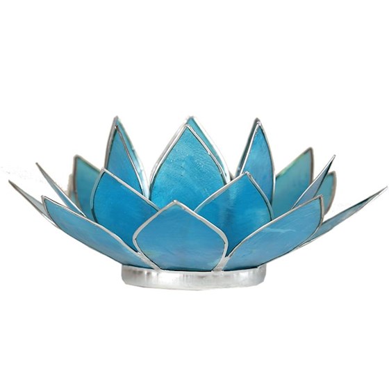 Lotus Teelichthalter Capiz aus Capiz-Muschel in Aquamarin mit Silberrand