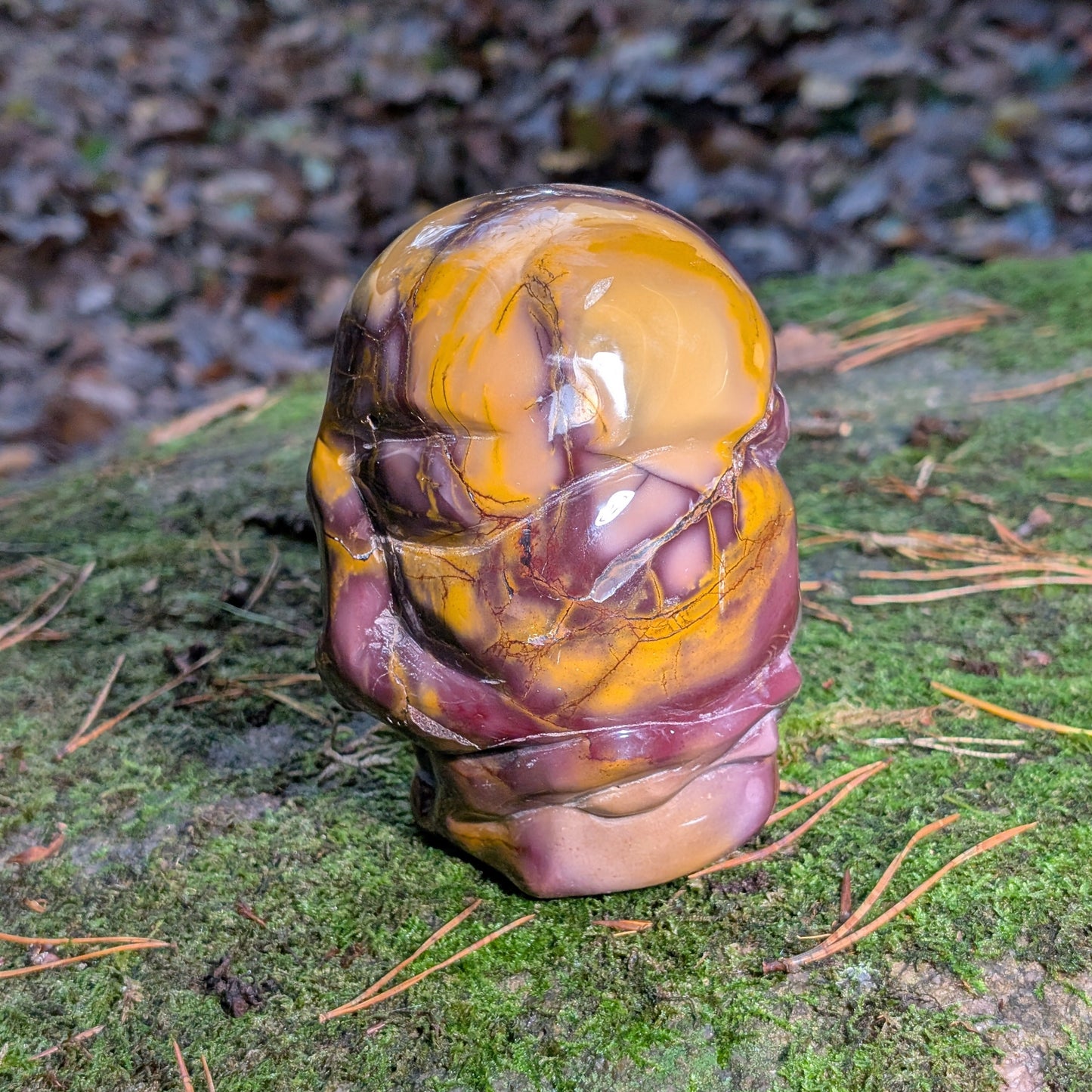 Limitierter Mookait Jaspis Kristallschädel (1,6kg) "Der Wächter der Ahnen" mit ocker-gelben und violetten Mustern auf Moos