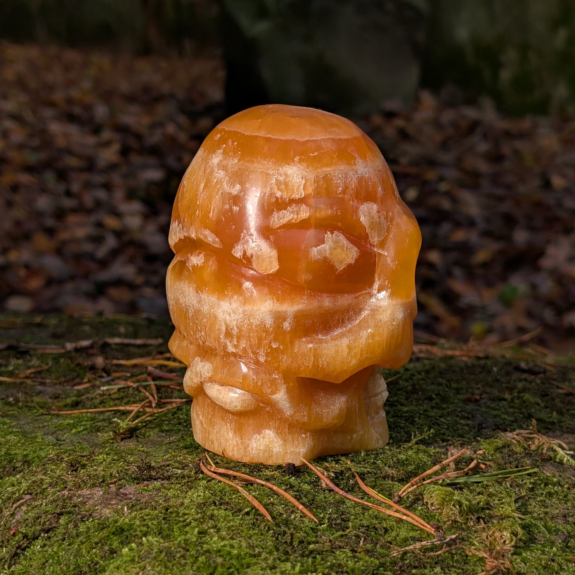 Limitierter Orangencalcit Kristallschädel (1,56kg), "Der Sonnen-Gesandte von Bali", leuchtet in tiefem Orange