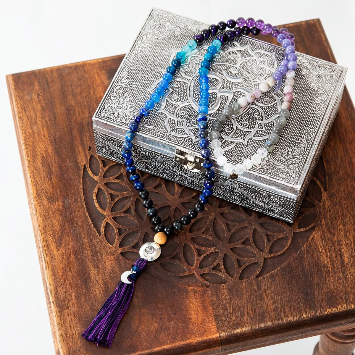 Mala-Kette Moon Child | Amethyst, Mondstein & Lapislazuli, 108 Perlen