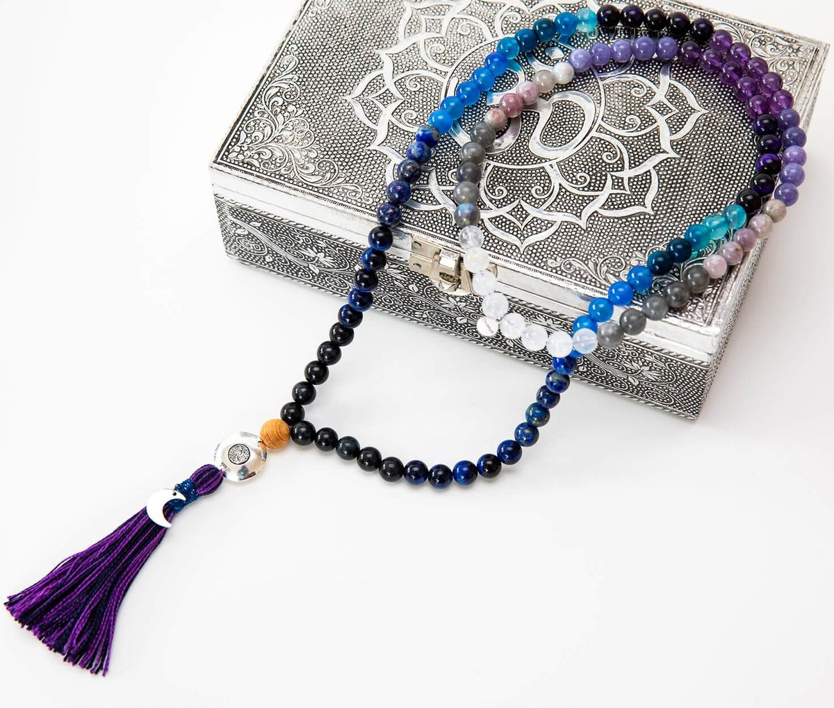 Mala-Kette Moon Child | Amethyst, Mondstein & Lapislazuli, 108 Perlen