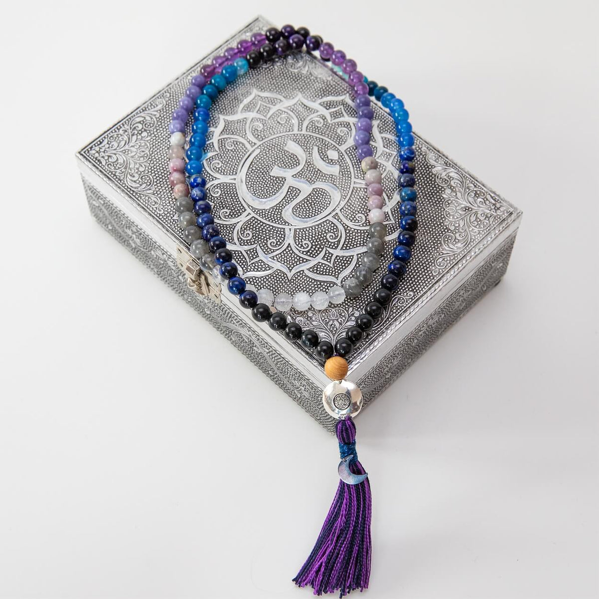 Mala-Kette Moon Child | Amethyst, Mondstein & Lapislazuli, 108 Perlen