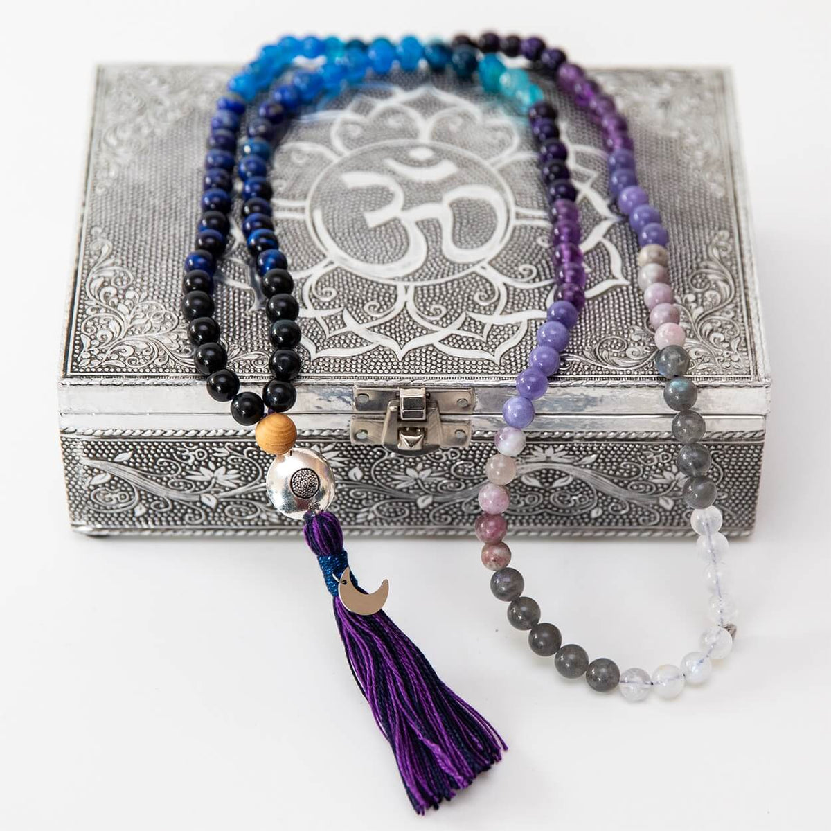 Mala-Kette Moon Child | Amethyst, Mondstein & Lapislazuli, 108 Perlen