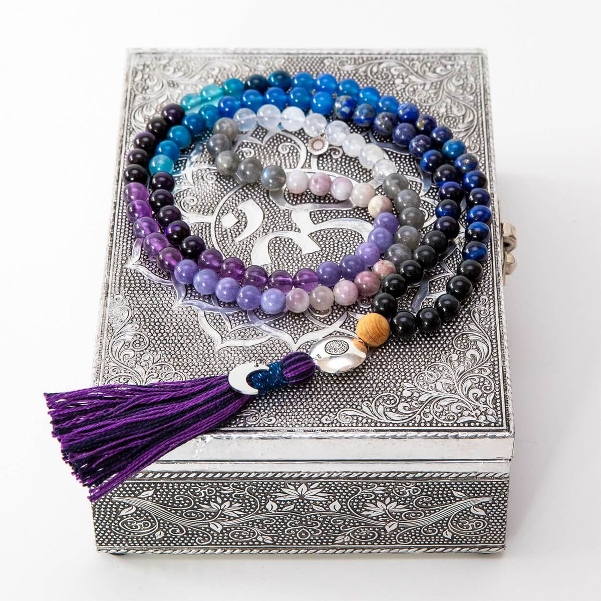 Mala-Kette Moon Child | Amethyst, Mondstein & Lapislazuli, 108 Perlen