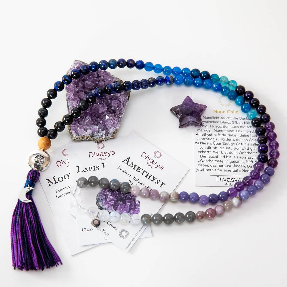 Mala-Kette Moon Child | Amethyst, Mondstein & Lapislazuli, 108 Perlen