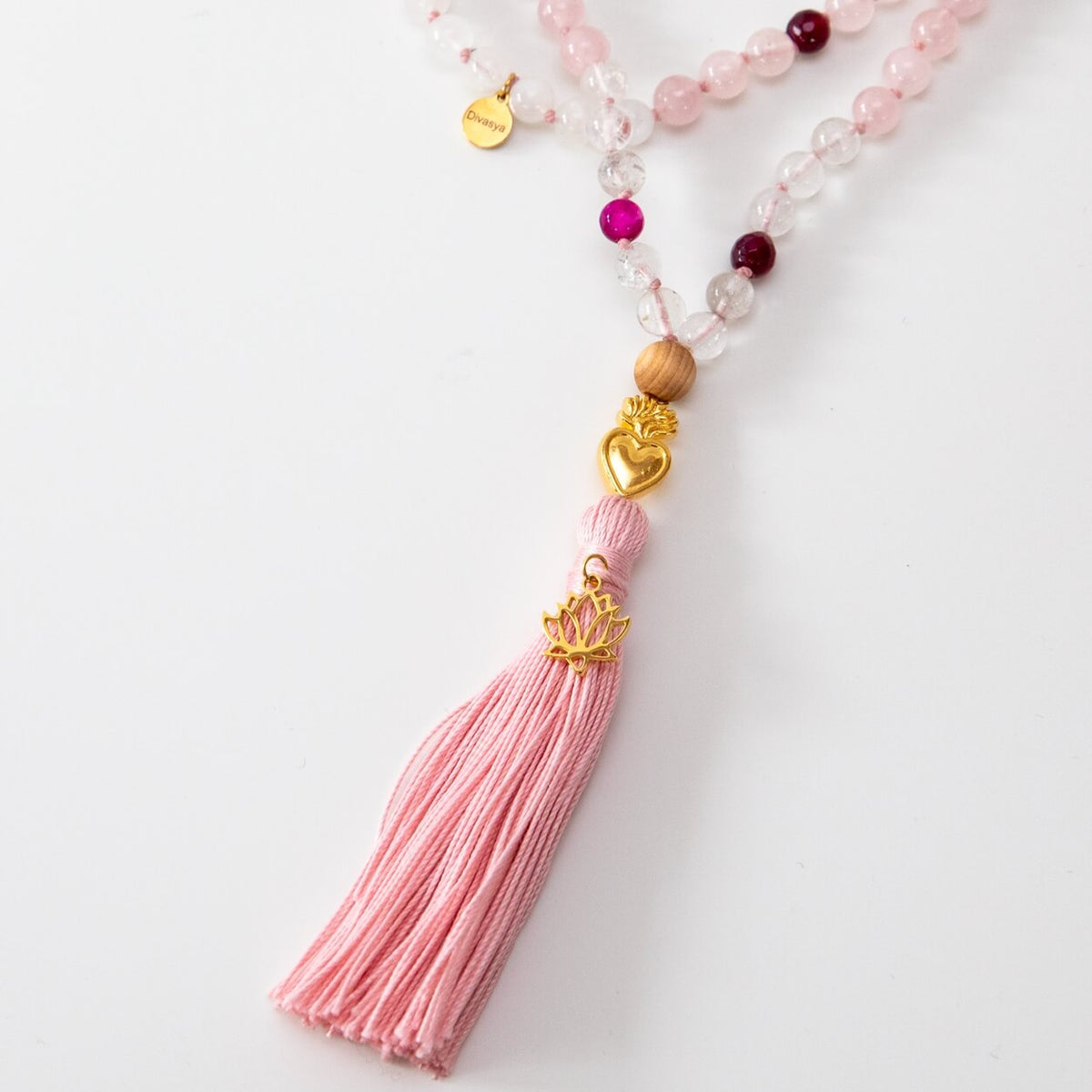Mala-Kette True Love | Rosenquarz, Mondstein & Angelit, 108 Perlen