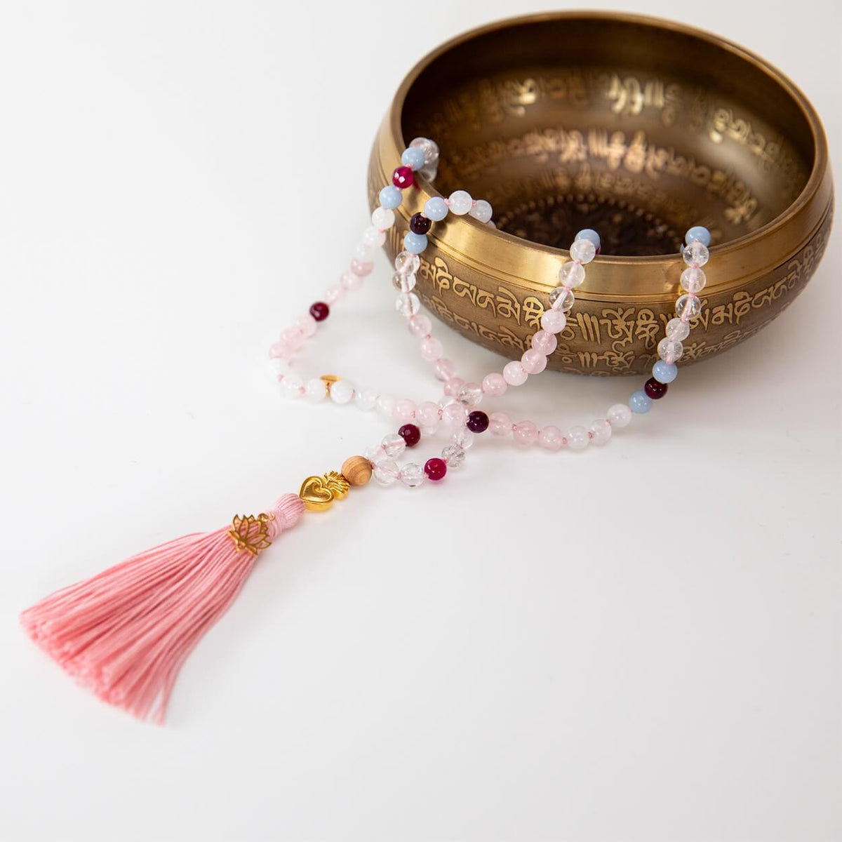 Mala-Kette True Love | Rosenquarz, Mondstein & Angelit, 108 Perlen