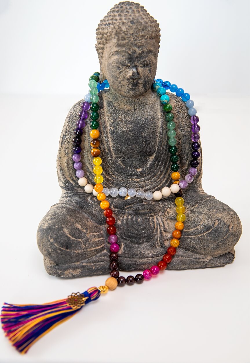 Mala-Kette Rainbow Chakra | 20 Edelsteine im Farbverlauf, 108 Perlen