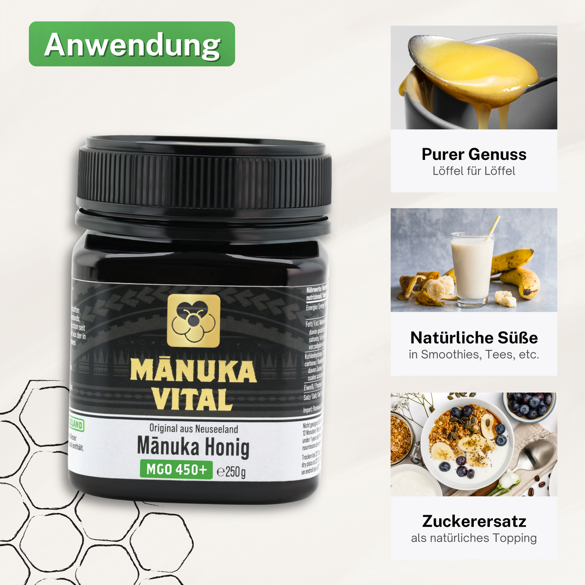 Anwendungsbeispiele von Manuka Vital: pur, in Smoothies und im Müsli