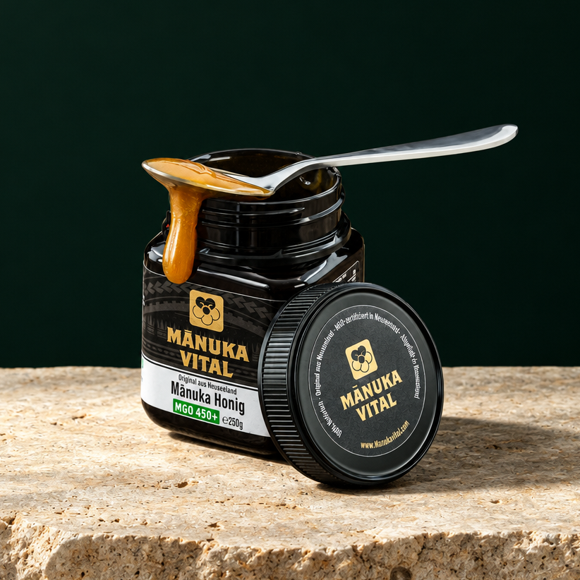 Offenes Glas Manuka Vital MGO 450+ mit Löffel voller Honig auf hellem Stein