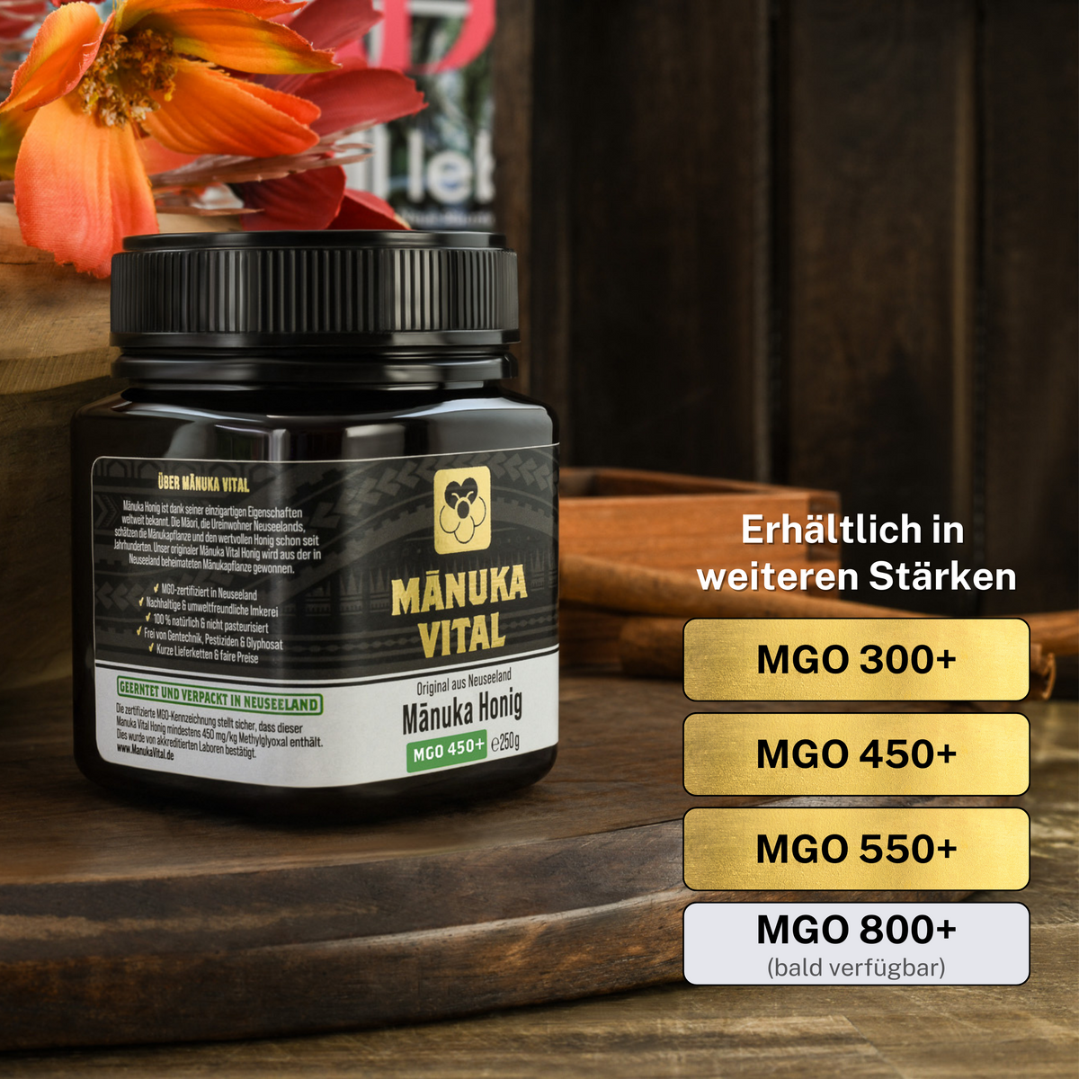 Rückseite des Manuka Vital Glases mit Hinweis auf weitere MGO-Stärken