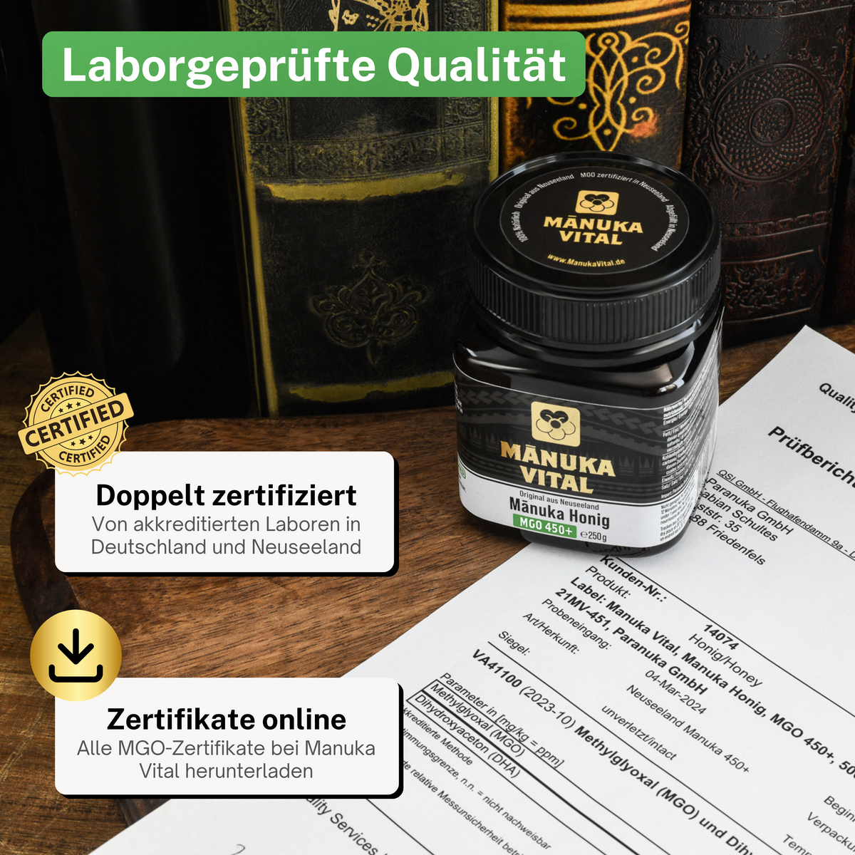 Manuka Vital Glas neben einem Laborzertifikat