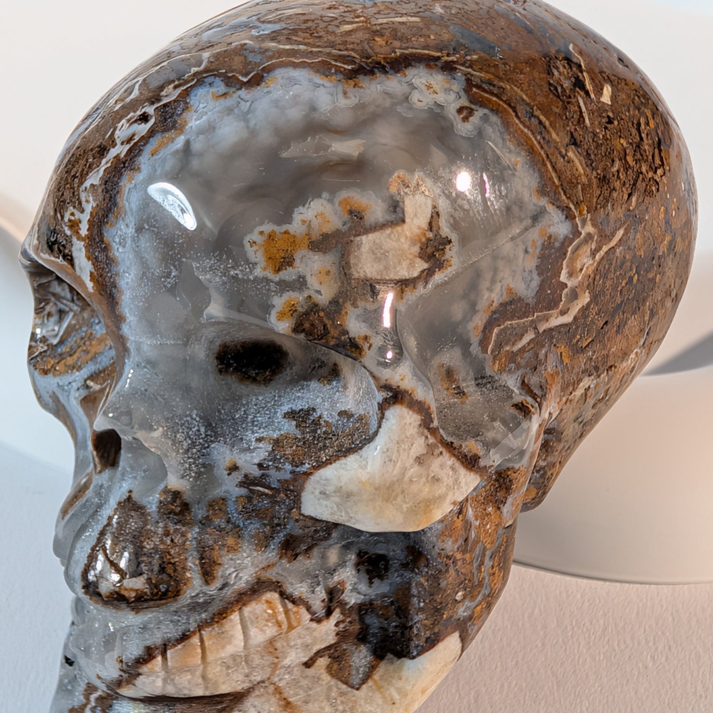 Massiver Kristallschädel Mumugg aus erdfarbenem Quarz mit tiefen, offenen Kristallhöhlen und zerrissener Gesteinsmatrix.