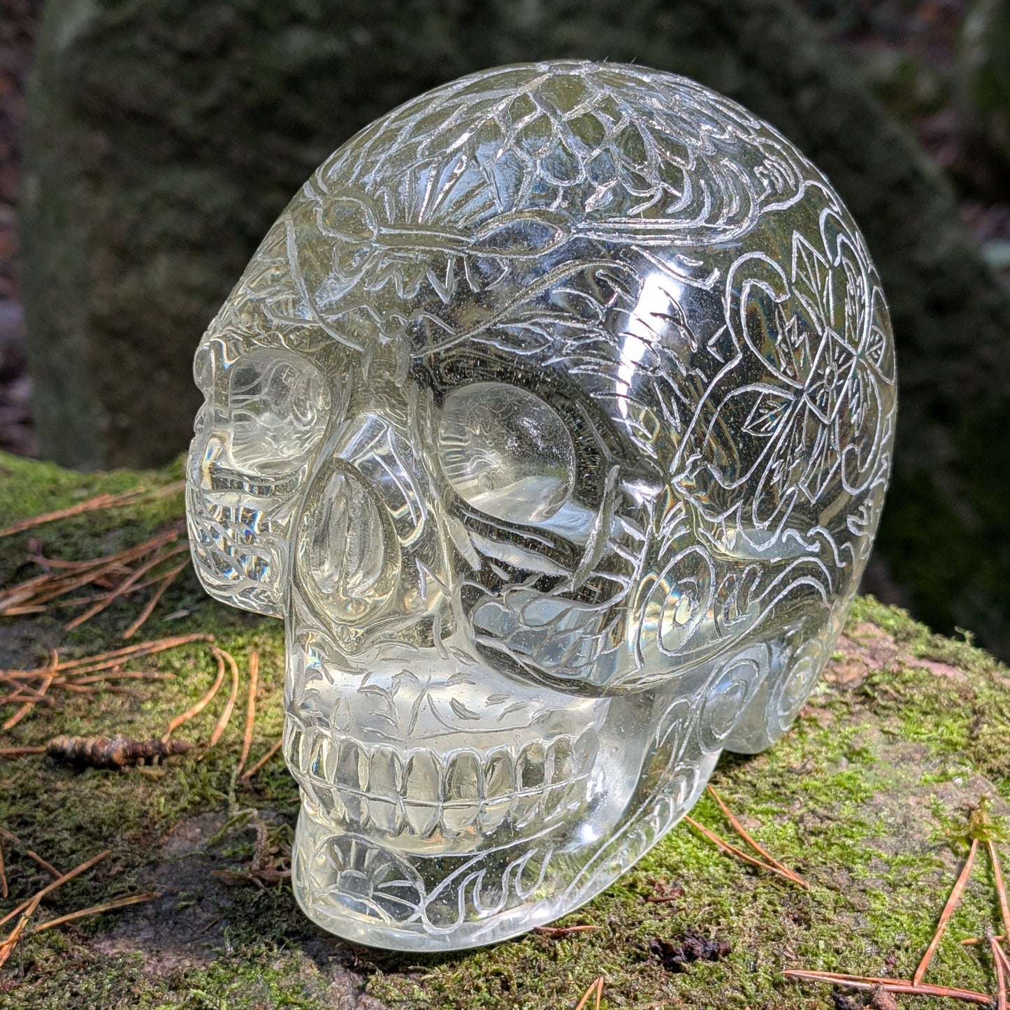 Monumentaler 6.4kg Kristallschädel "Hekate" aus gelbem Obsidian mit vollflächiger Handgravur, auf Moos im Wald liegend.