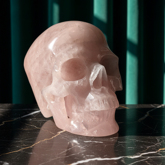 Monumentaler Kristallschädel "Berghol" (fast 5kg) aus sanft leuchtendem Rosenquarz.