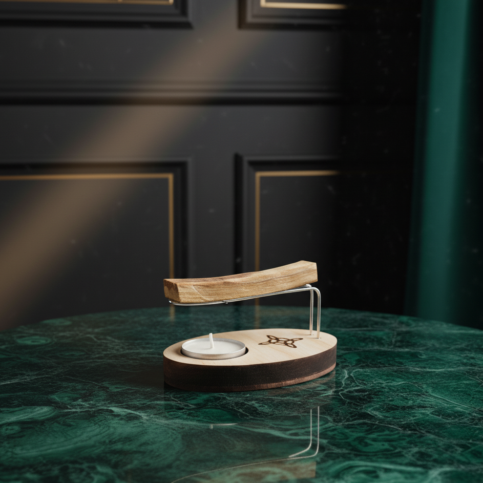 Palo Santo Halter aus hellem Paulownia-Holz mit Hexenknoten-Gravur und Metallbügel, inkl. Teelicht