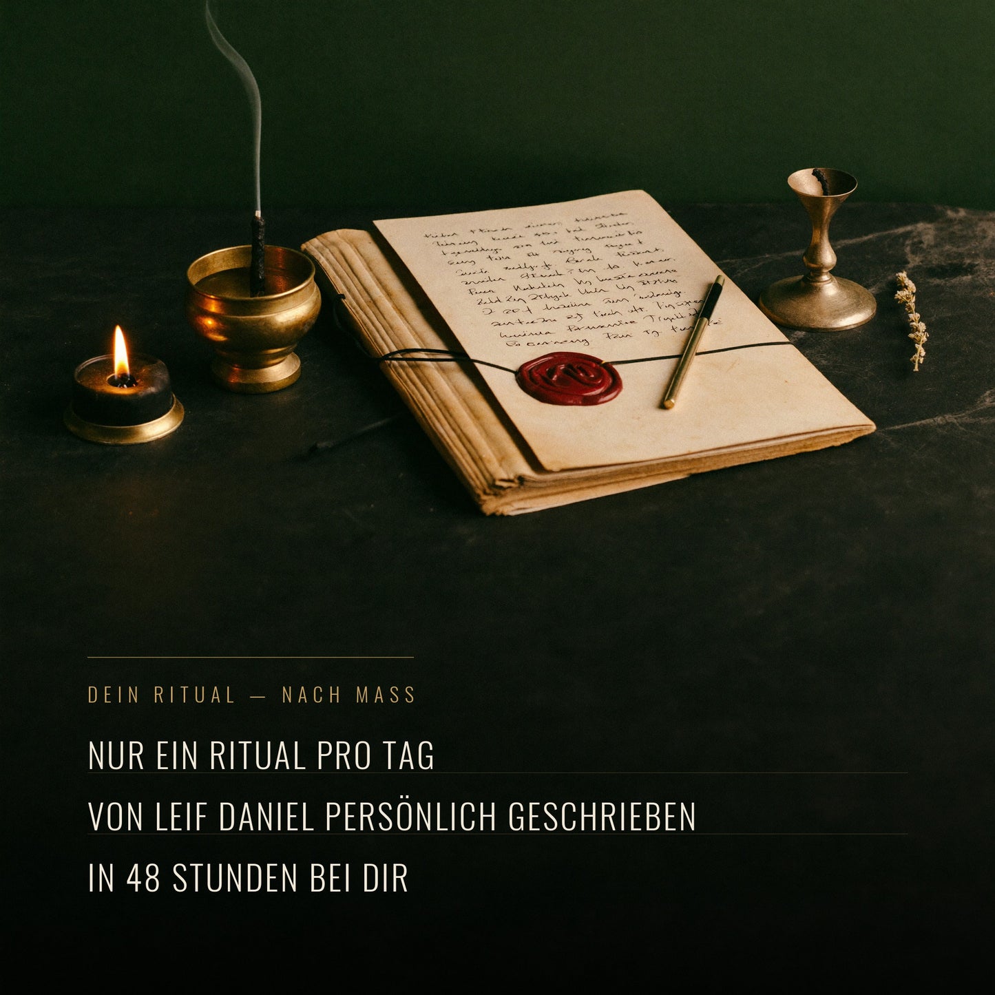 Ritualutensilien für ein persönliches Magie-Ritual nach Maß: Kerze, Kräuter und Symbole auf dunklem Stein.