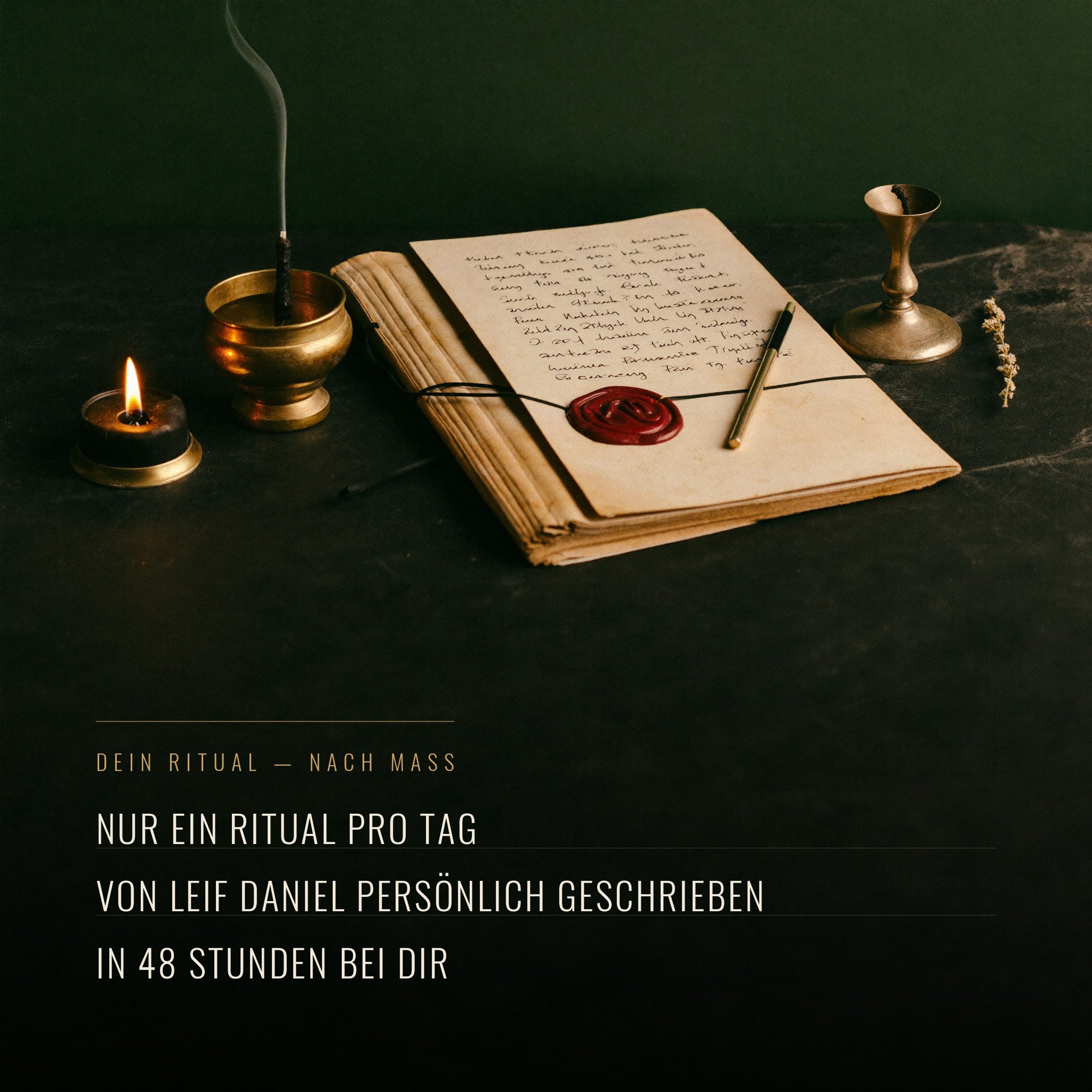 Ritualutensilien für ein persönliches Magie-Ritual nach Maß: Kerze, Kräuter und Symbole auf dunklem Stein.