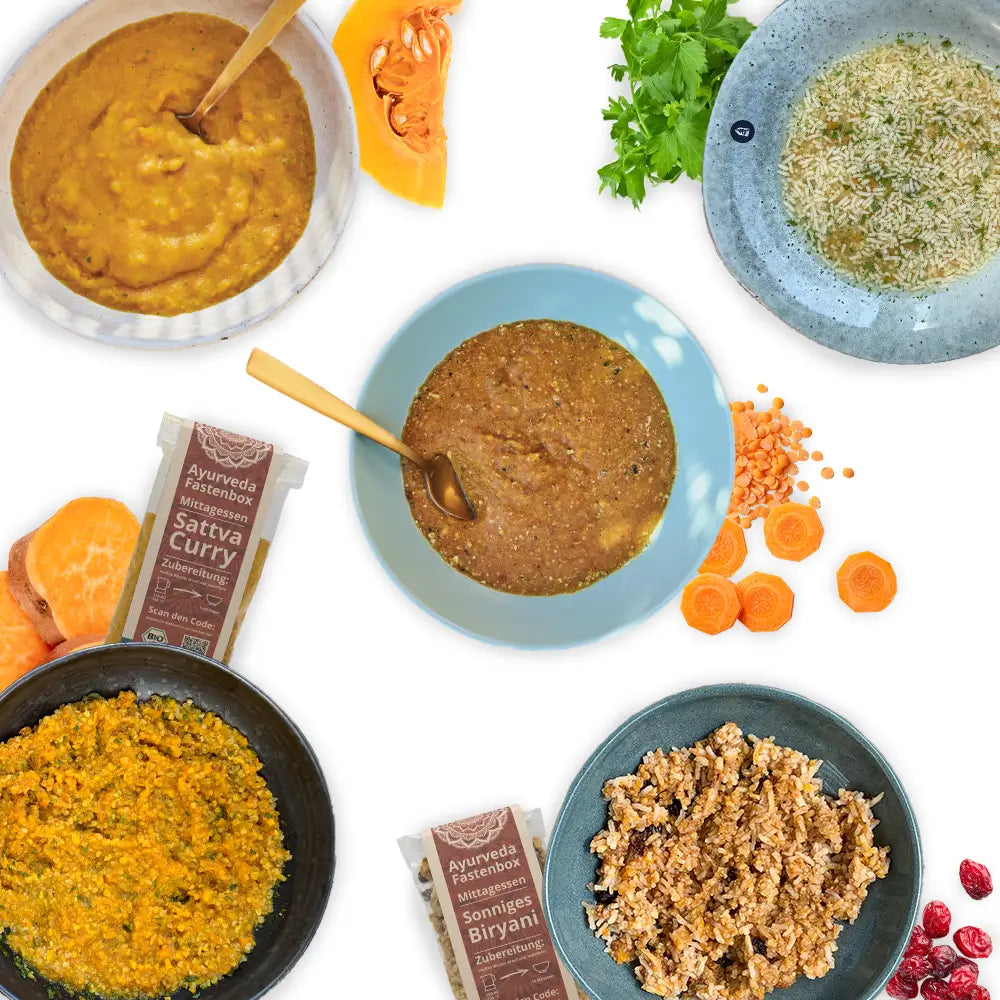 Zubereitete ayurvedische Mahlzeiten in Schalen