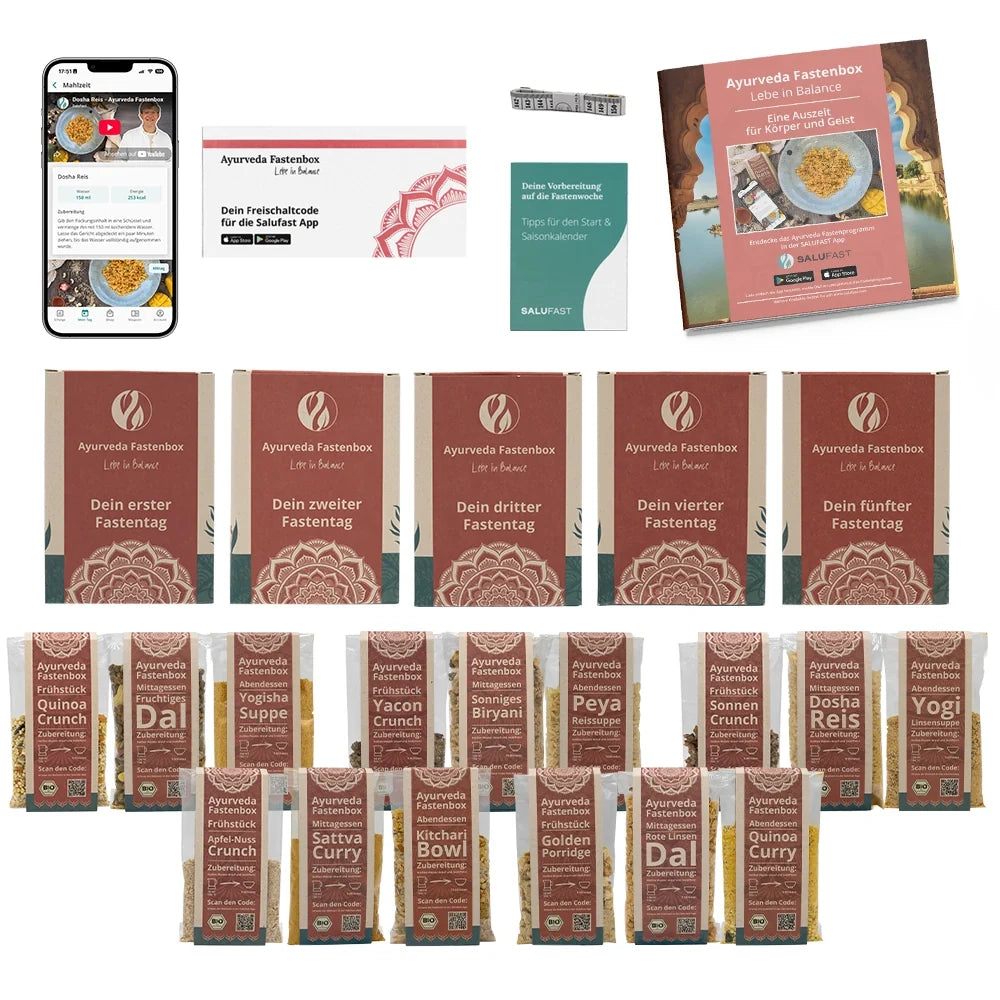 Inhalt der Ayurveda Fastenbox mit Heft und App