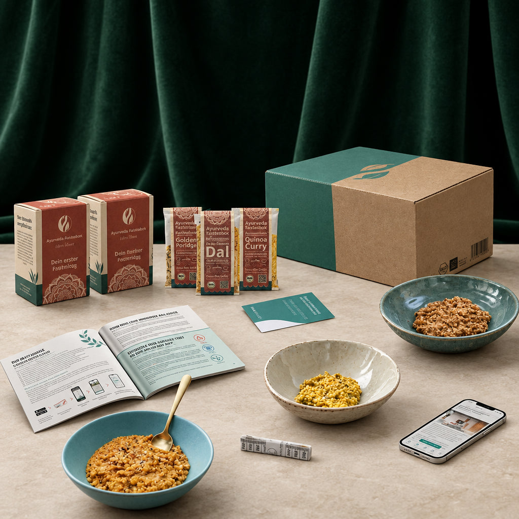 Salufast Ayurveda Fastenbox vor dunkelgrünem Vorhang