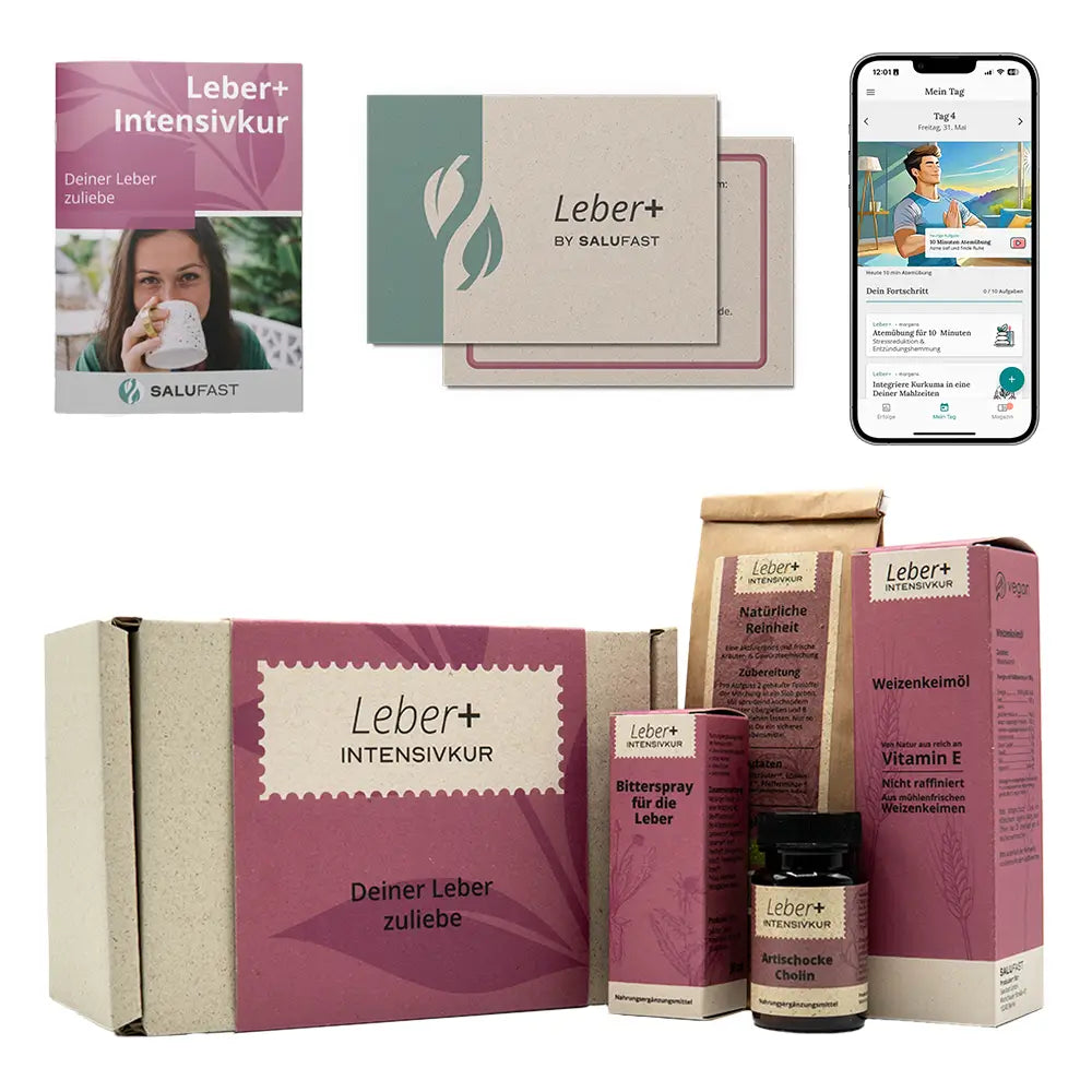Leber+ Box mit Karten und App auf dem Smartphone