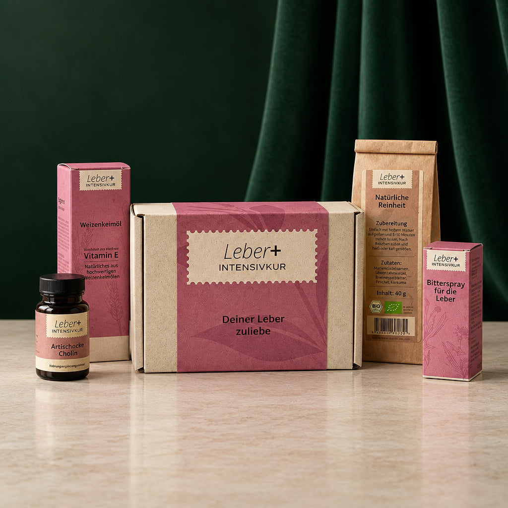 Leber+ Box von Salufast mit Kapseln, Spray, Öl und Tee vor dunkelgrünem Vorhang