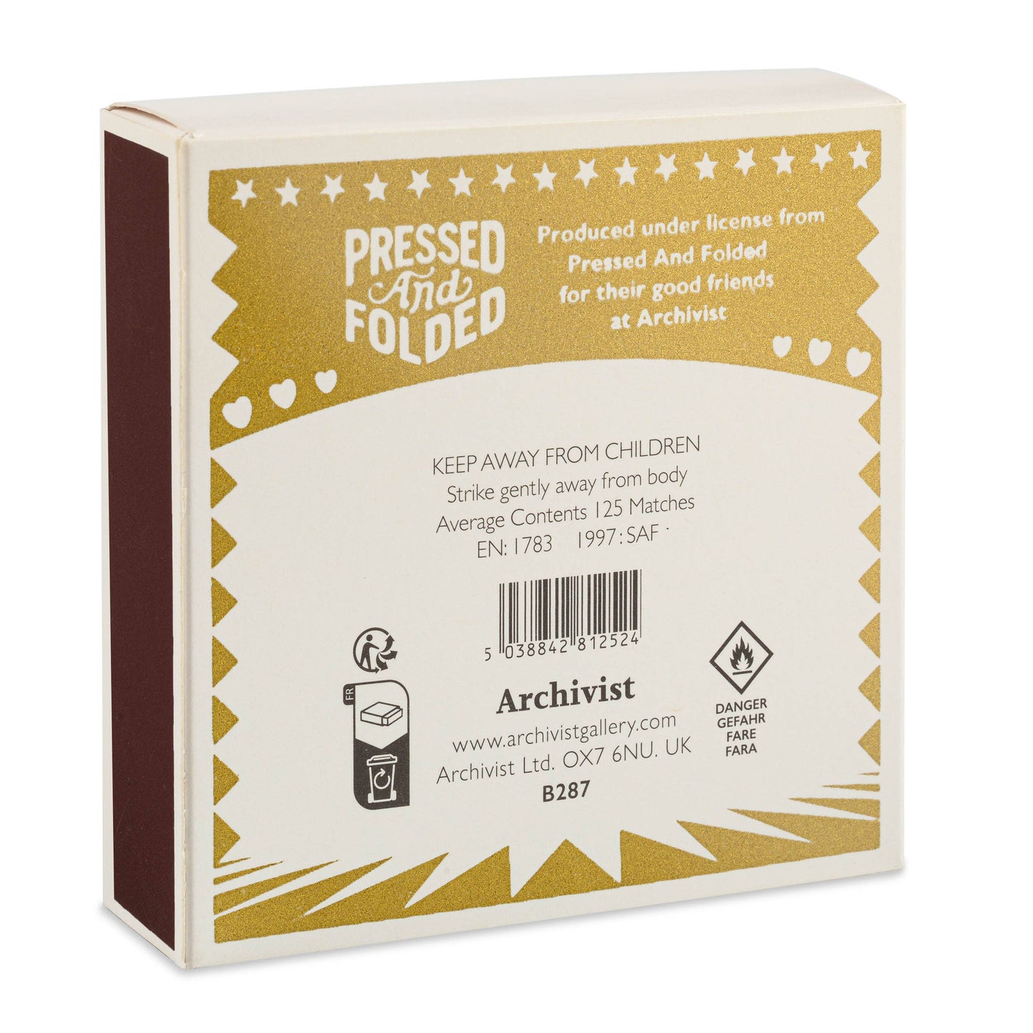 Quadratische Streichholzschachtel 'This is where the magic happens' in Gold und Weiß