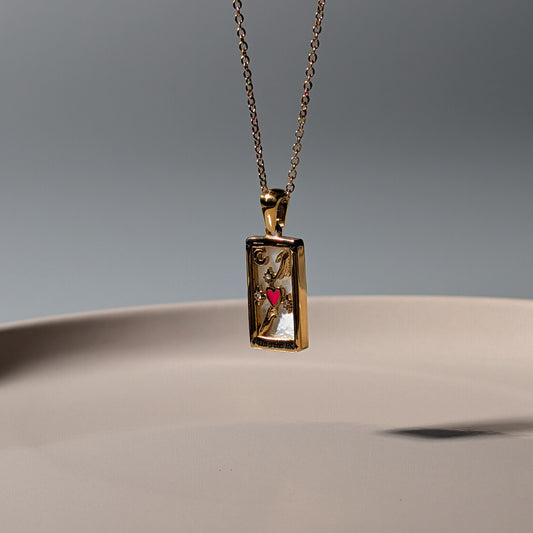 Rechteckiger Tarot-Karten Anhänger 'The Lovers' mit Muschel-Inlay und Herz"