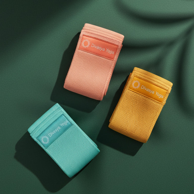 Resistance Band Set mit drei Widerstandsbändern in Grün, Rosa und Gelb