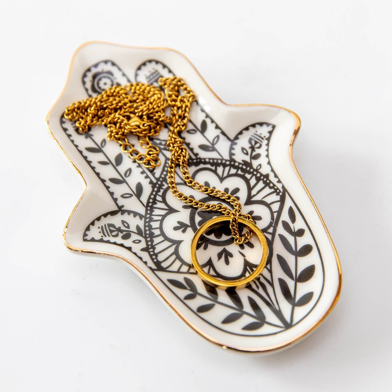 Weiße Hamsa-Hand-Schmuckschale aus Keramik für Yoga-Schmuck