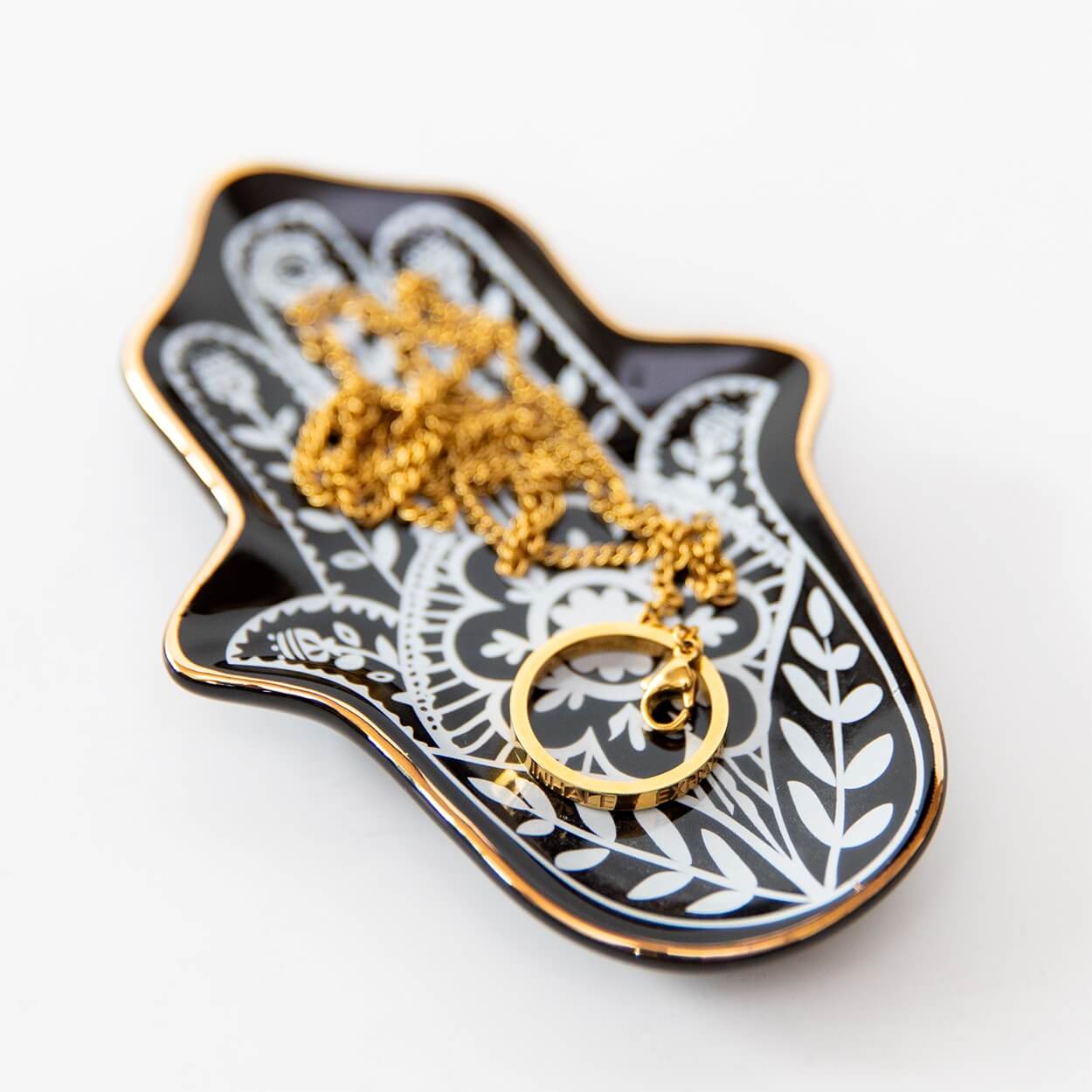 Schwarze Schmuckschale Hamsa Hand mit goldenem Rand