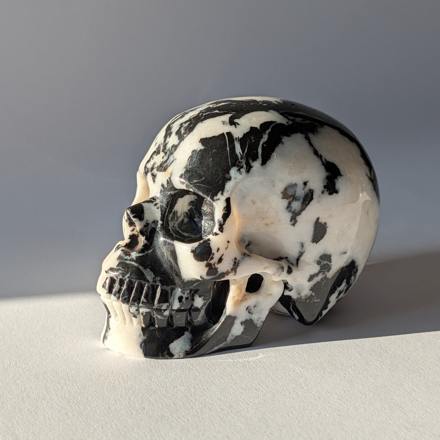 Schwarz-weißer Kristallschädel Gruolun Kalkstein 697g Zebra Muster