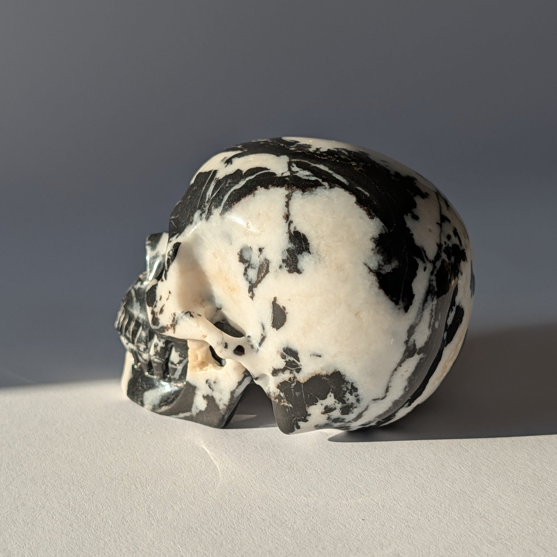 Schwarz-weißer Kristallschädel Gruolun Kalkstein 697g Zebra Muster