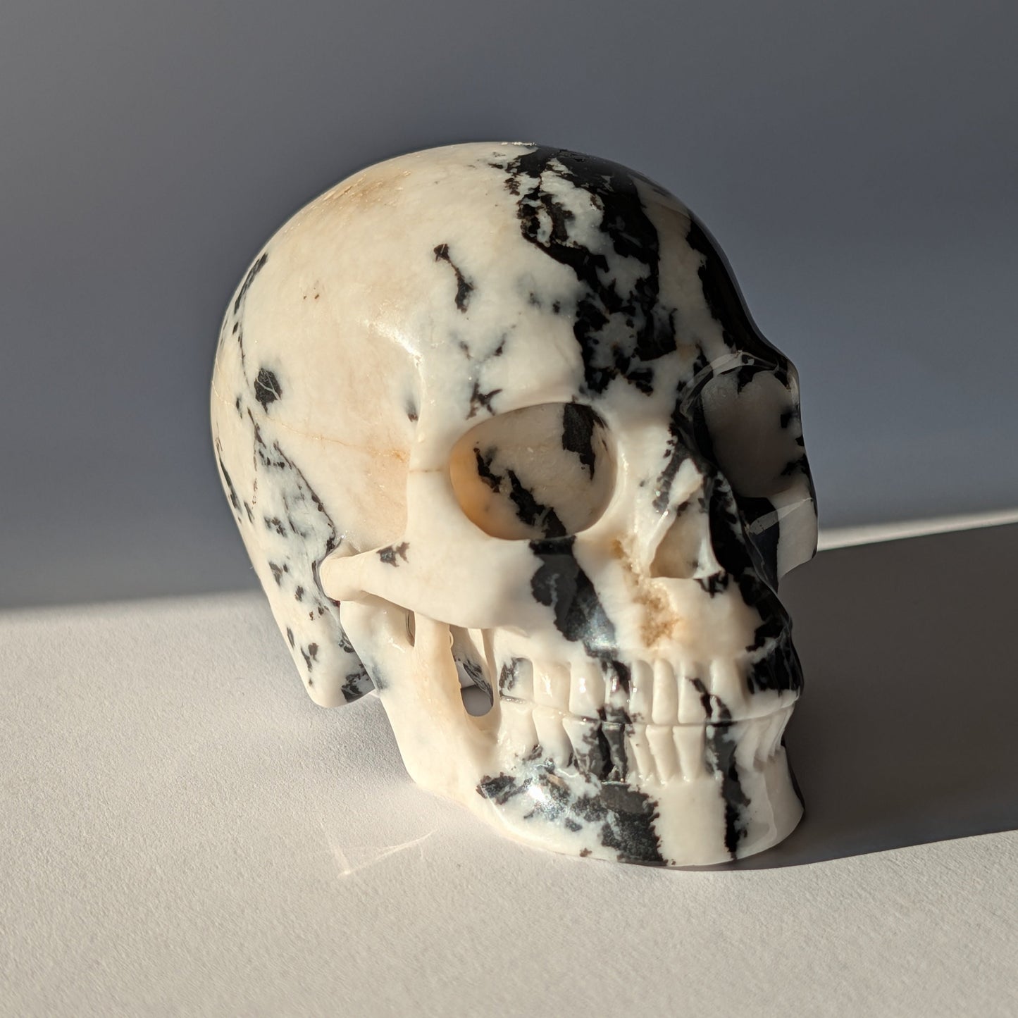 Schwarz-weißer Kristallschädel Gruolun Kalkstein 697g Zebra Muster