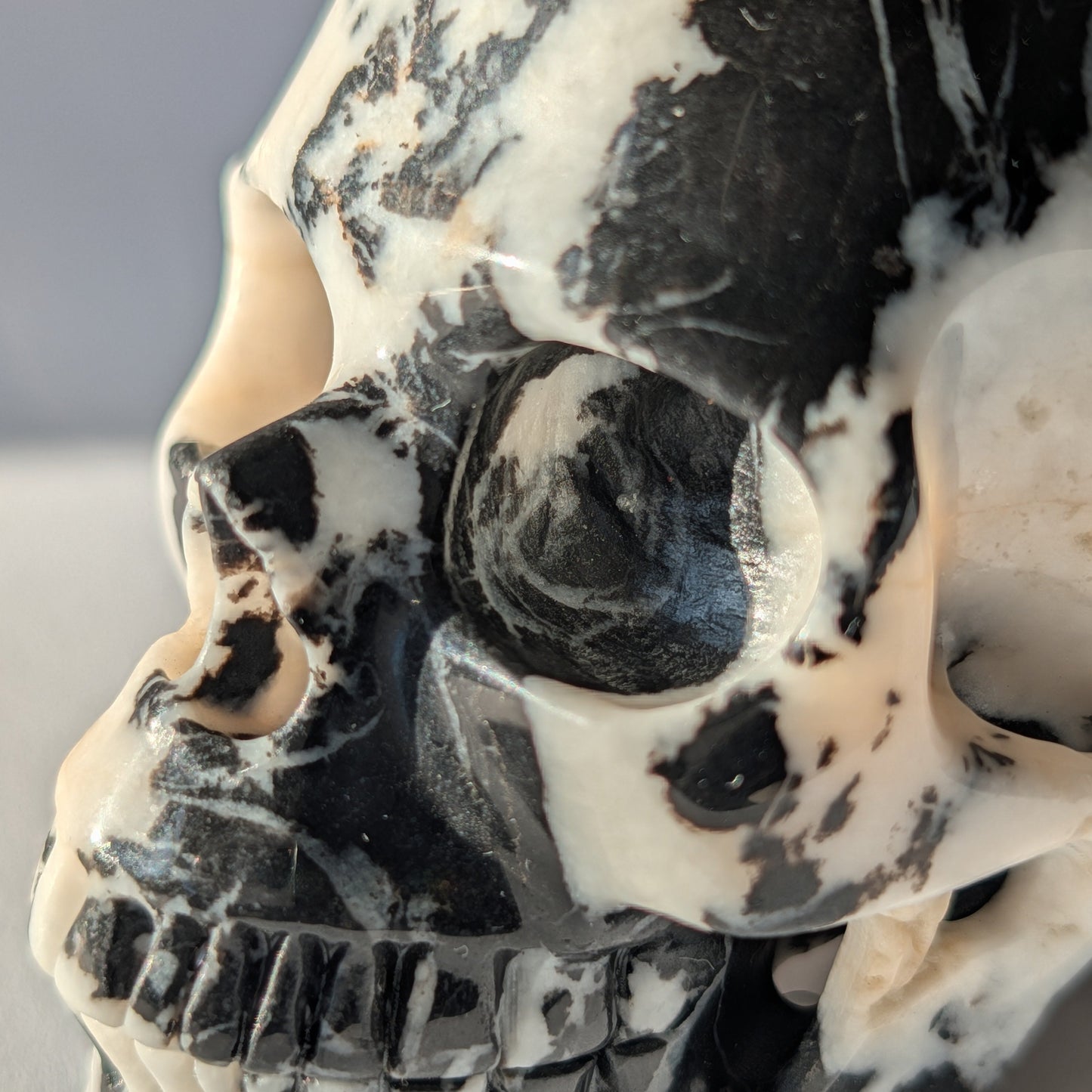 Schwarz-weißer Kristallschädel Gruolun Kalkstein 697g Zebra Muster