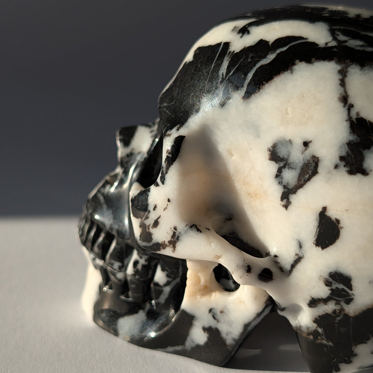 Schwarz-weißer Kristallschädel Gruolun Kalkstein 697g Zebra Muster